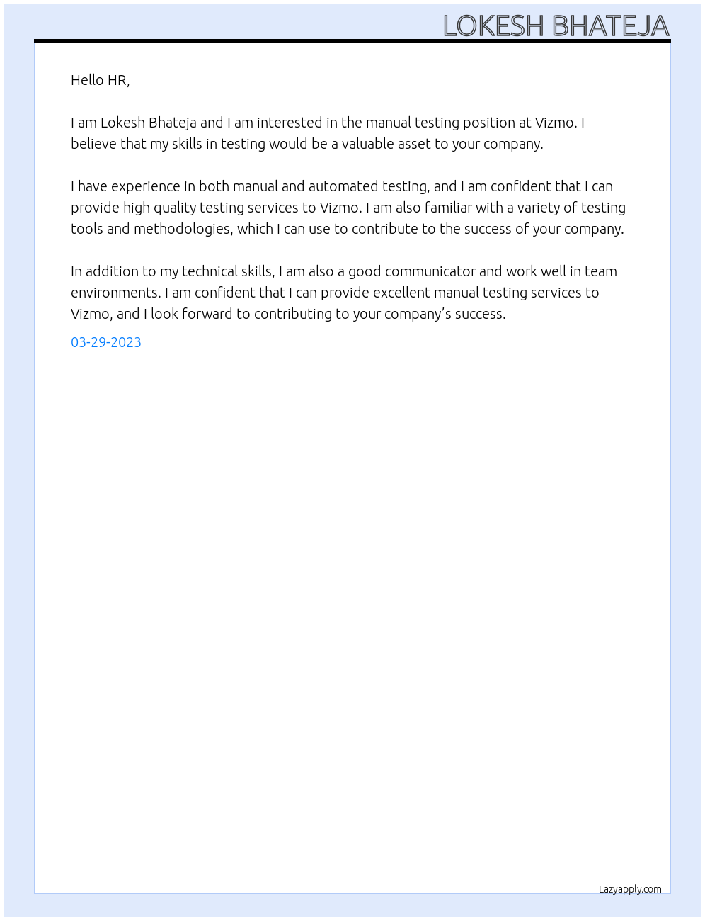 Manual testing At Vizmo Cover Letter