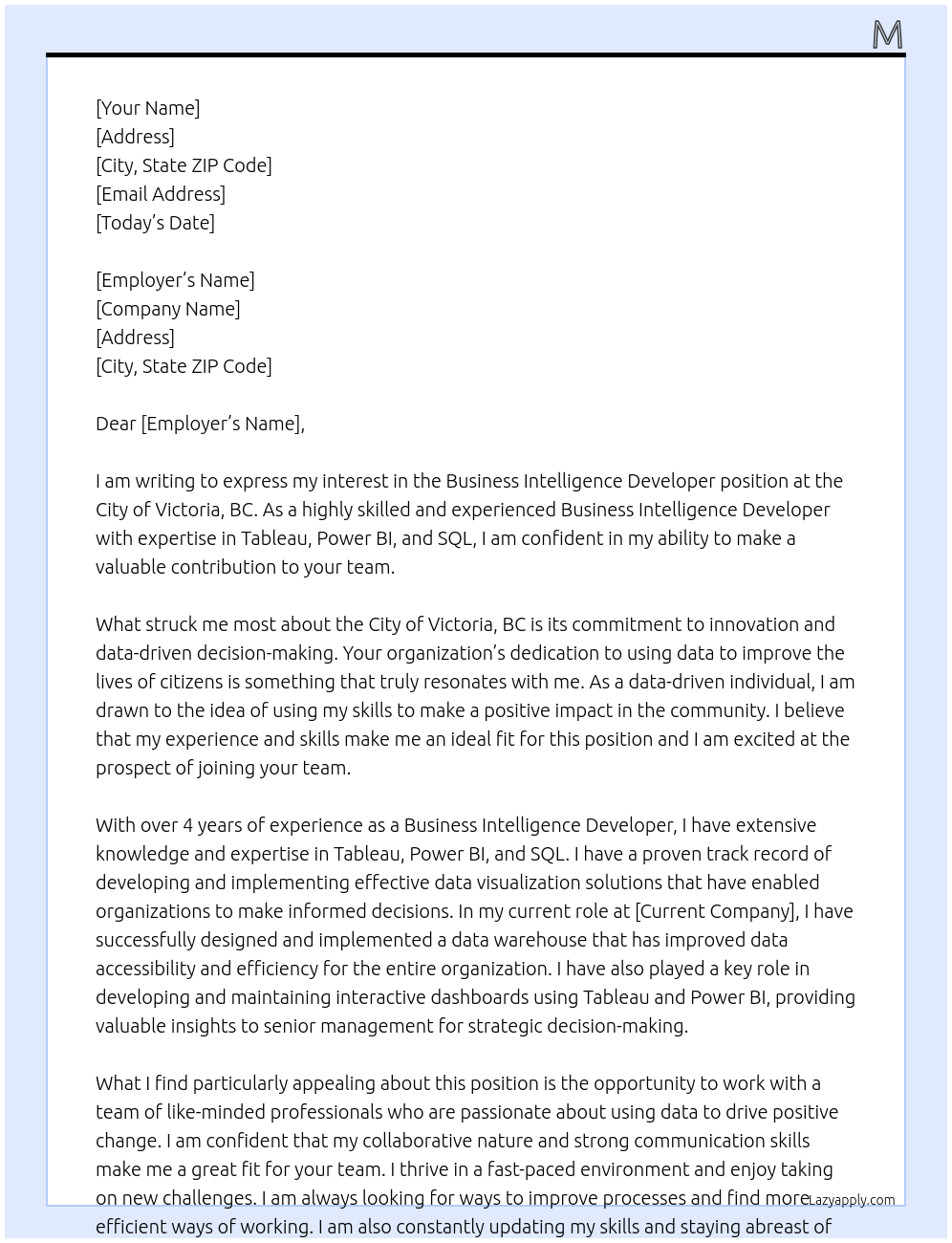 Business INtelligence Developer At City of Victoria, BC Cover Letter