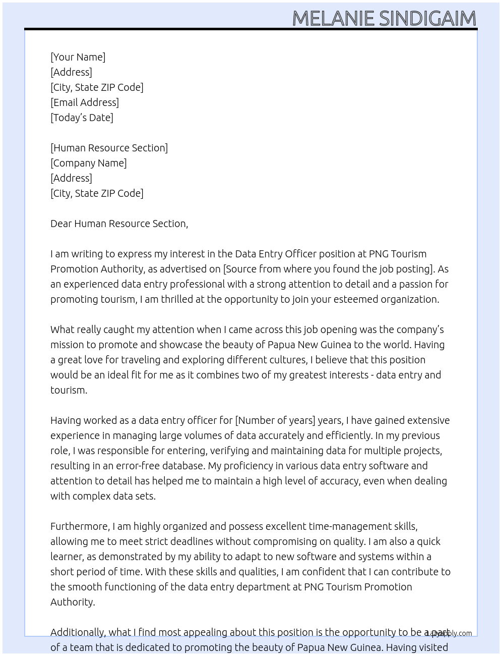 data entry officer At PNG Tourism Promotion Authority Cover Letter