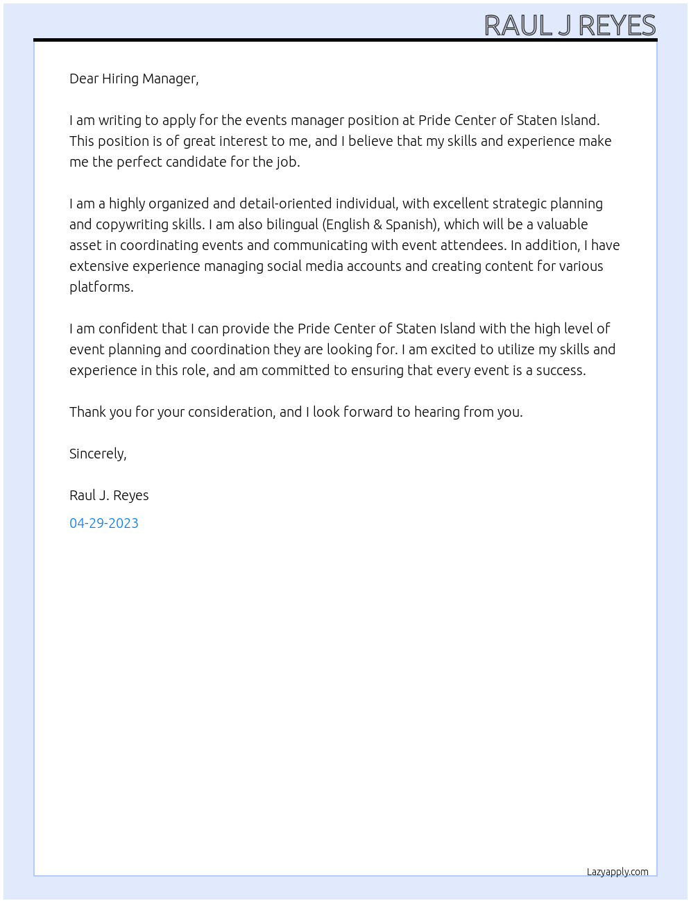 Events Manager At Pride Center of Staten Island Cover Letter