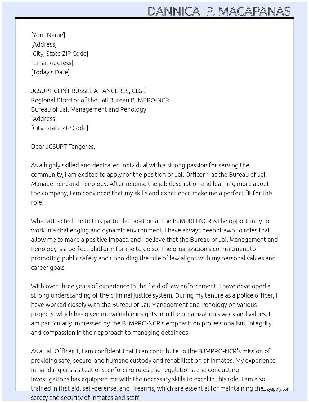 jail officer 1 At bureau of jail management and penology Cover Letter