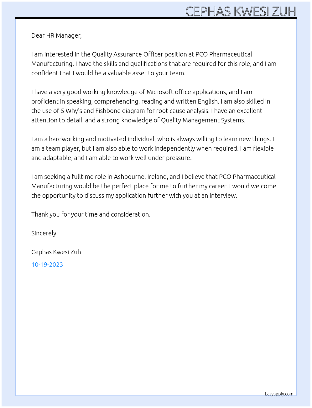 Quality Assurance Officer At PCO Pharmaceutical Manufacturing  Cover Letter