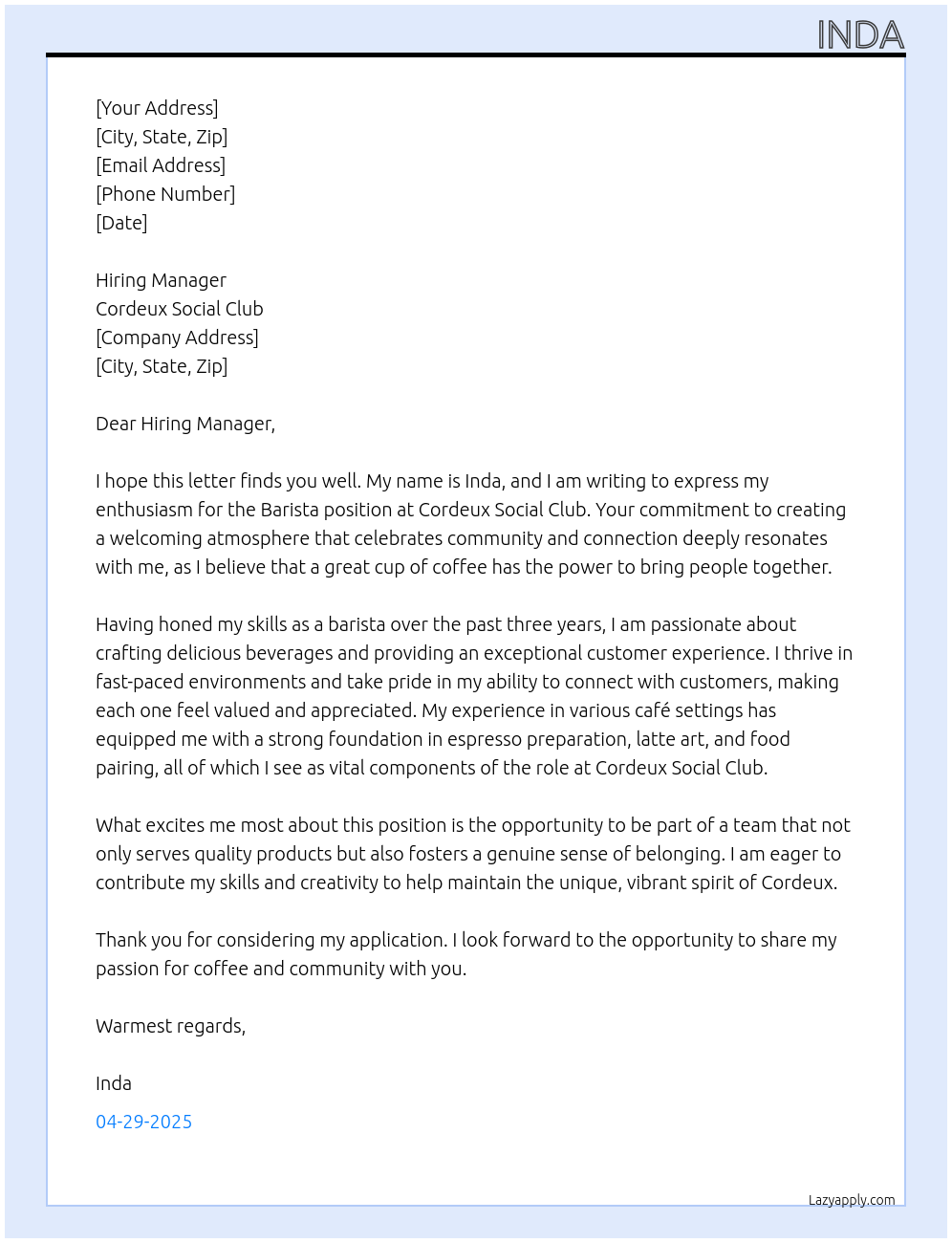 Barista At Cordeux Social Club Cover Letter