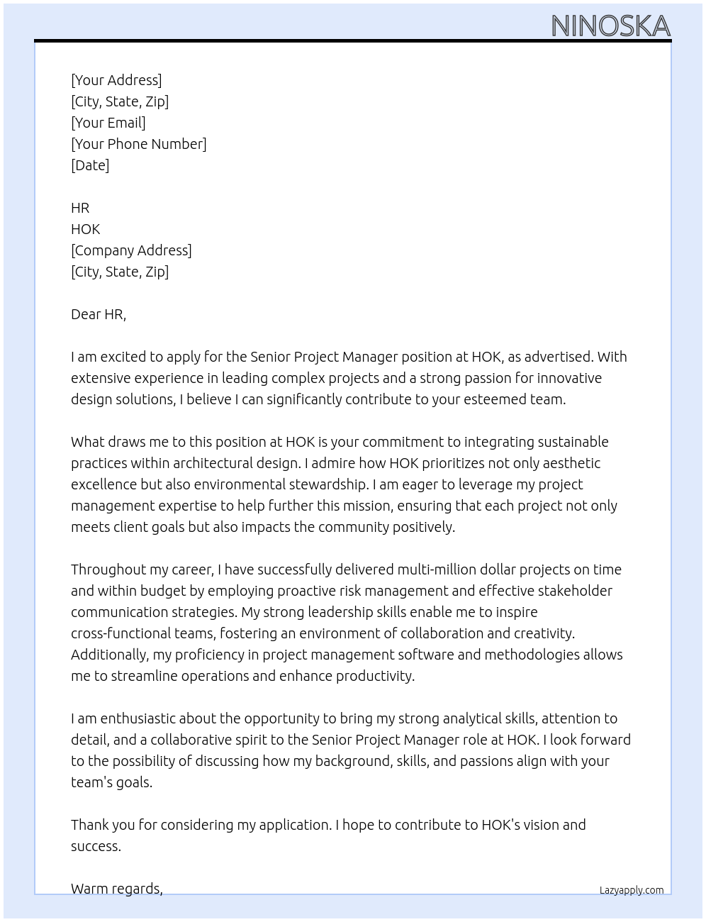 Senior Project Manager At HOK Cover Letter