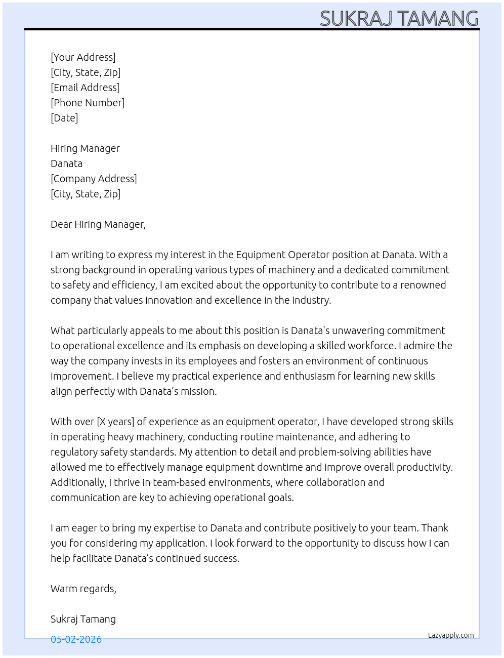 Equipment Operator At Danata Cover Letter