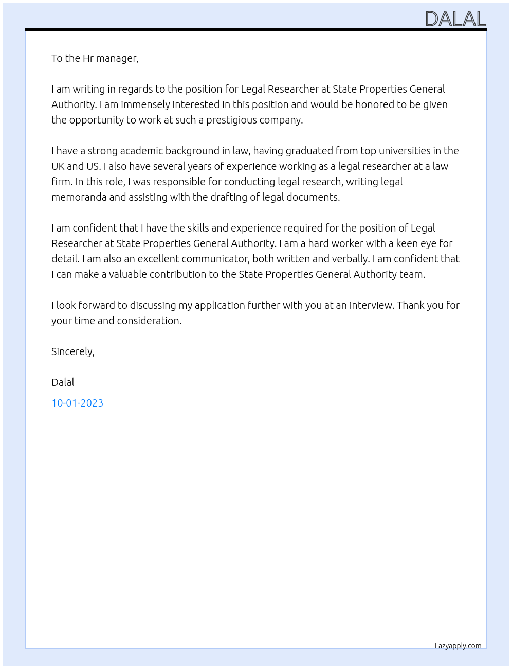 Legal Researcher At State Properties General Authority Cover Letter