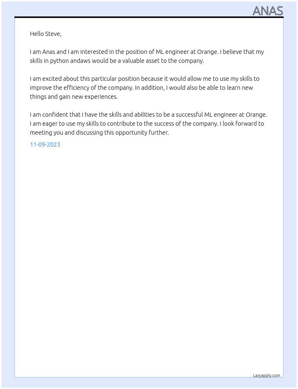 ML engineer At Orange Cover Letter