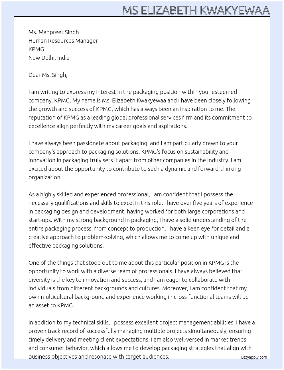 packaging  At KPMG Cover Letter