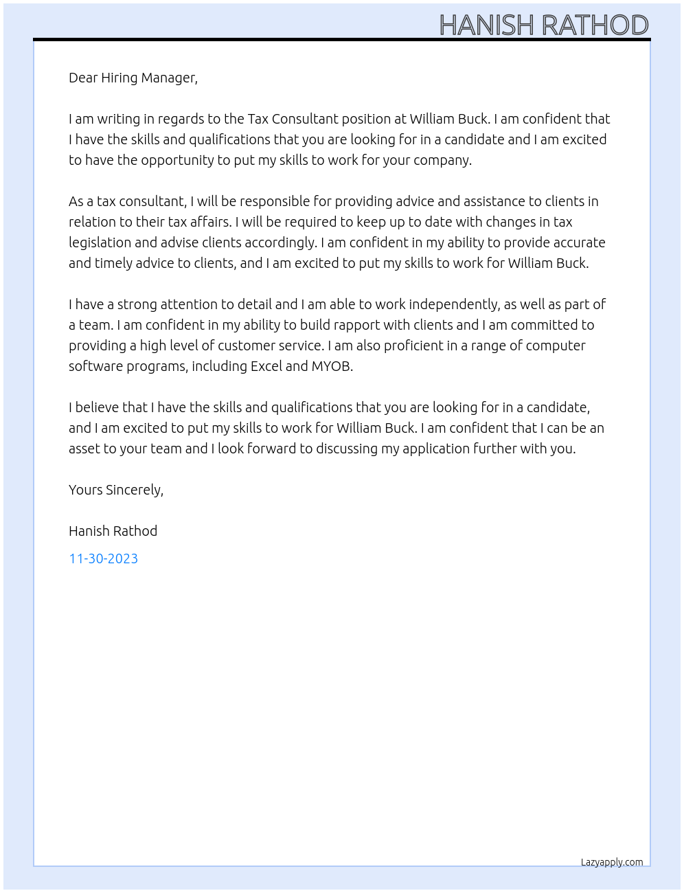 Tax Consultant At William Buck Cover Letter