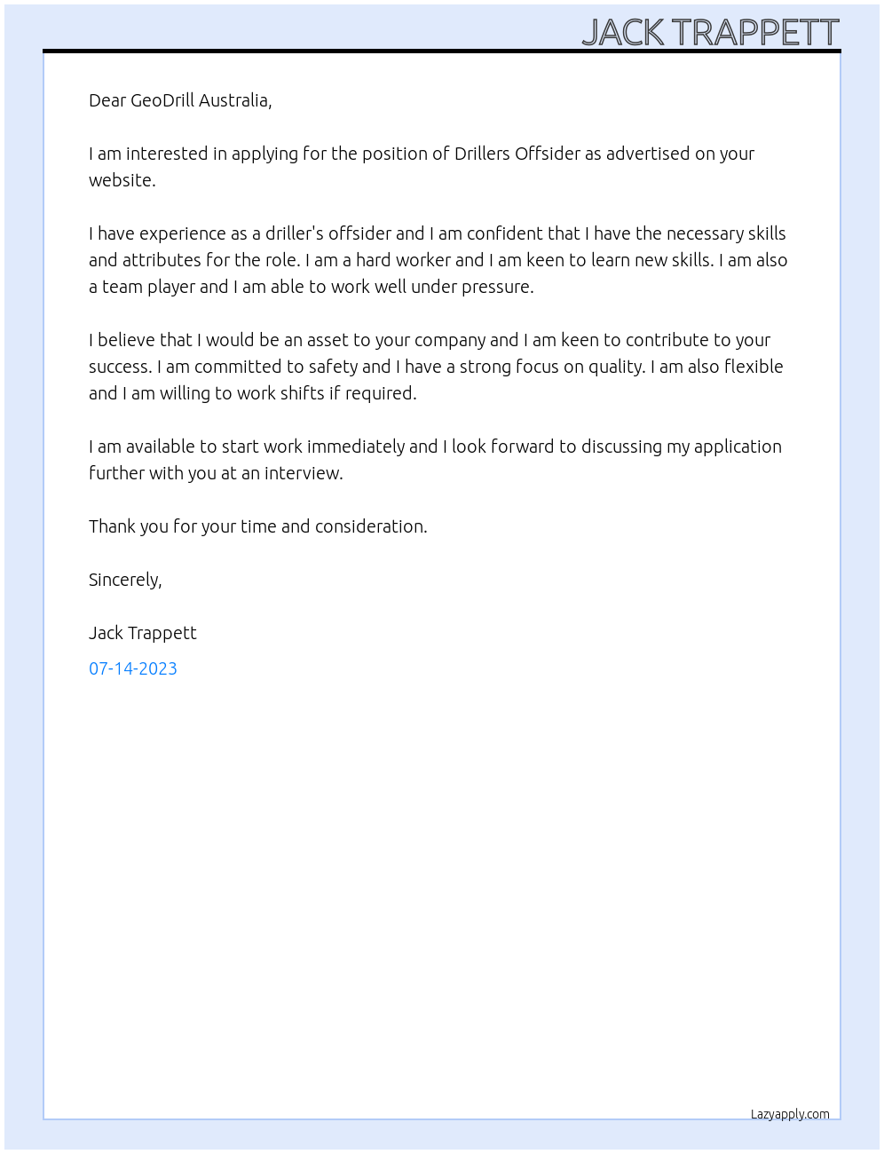 Drillers Offsider At GeoDrill Australia Cover Letter