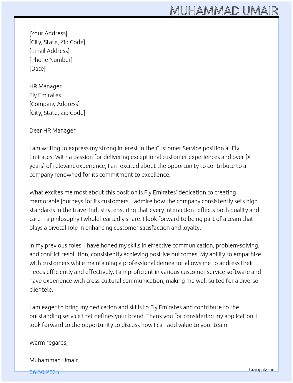 Customer Service At Fly Emirates Cover Letter