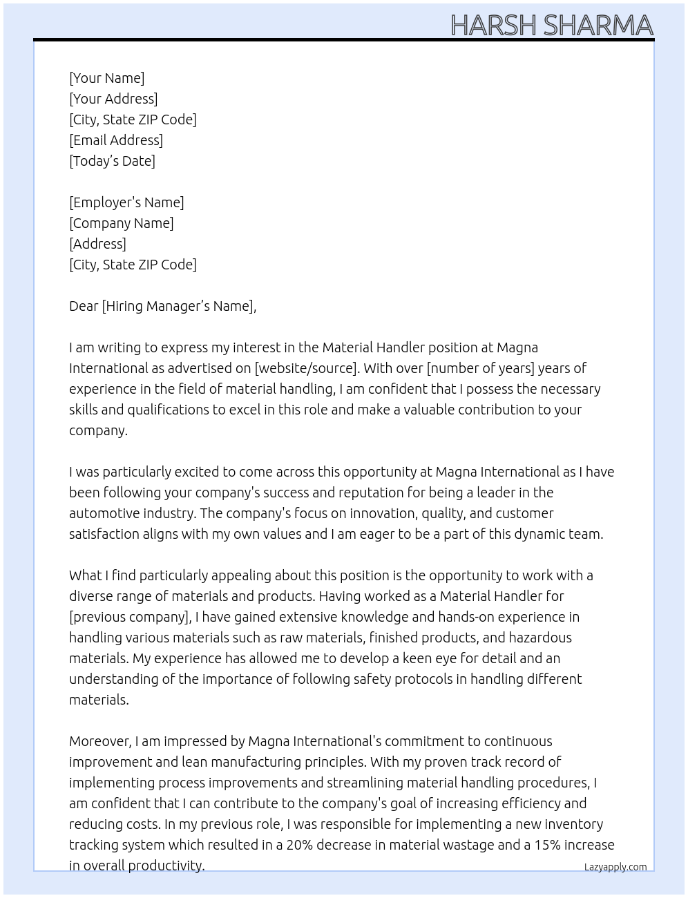 Material Handler At Magna International Cover Letter