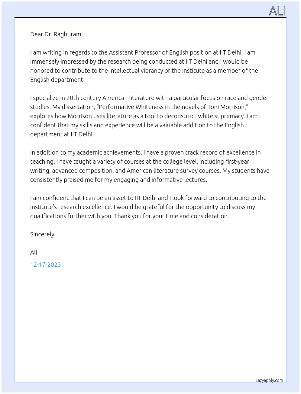 Assistant Professor of English At IIT Delhi Cover Letter