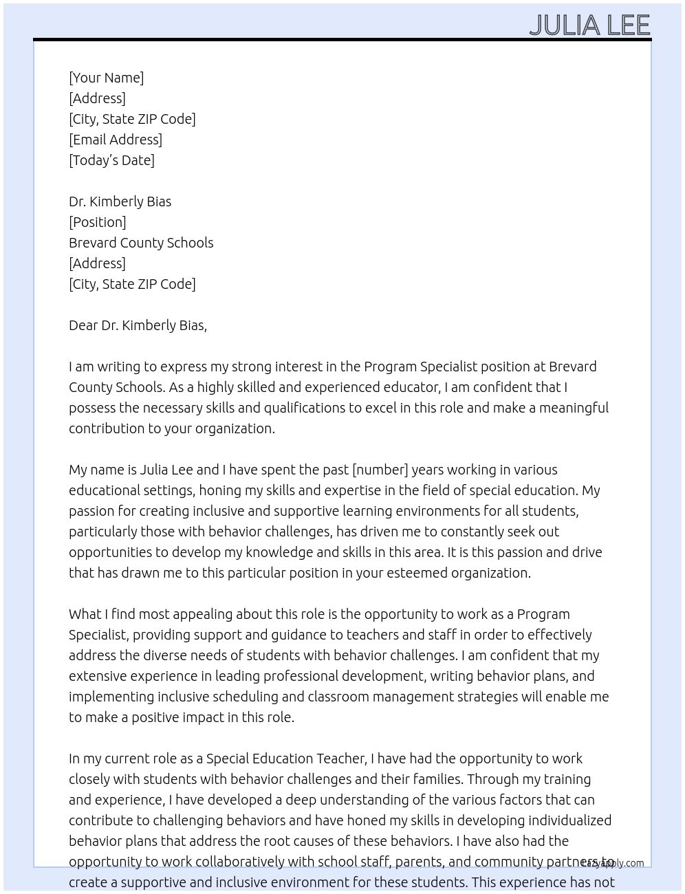 Program Specialist At Brevard County Schools Cover Letter