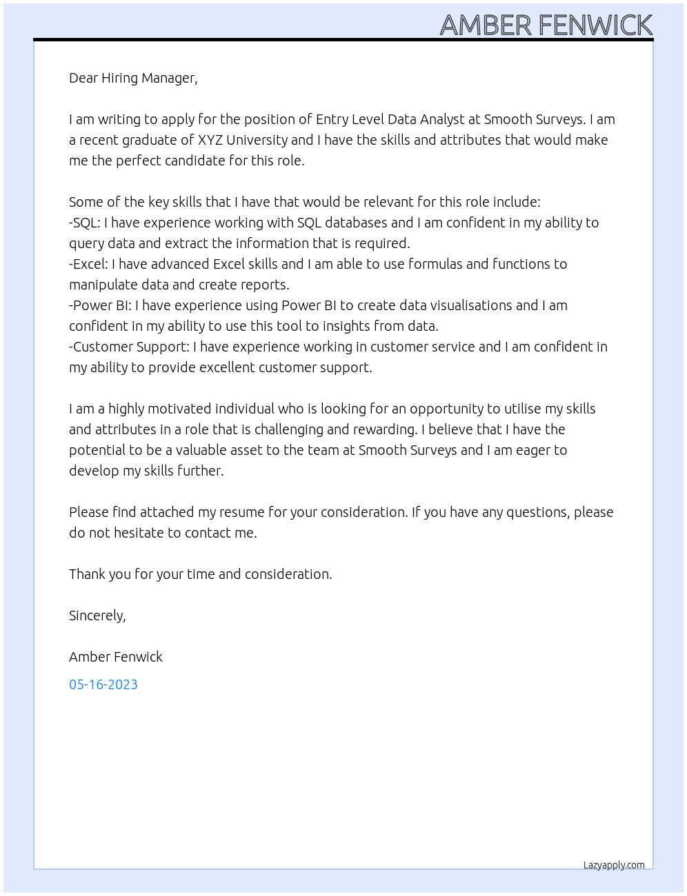 Entry level data analyst At Smooth Surveys Cover Letter