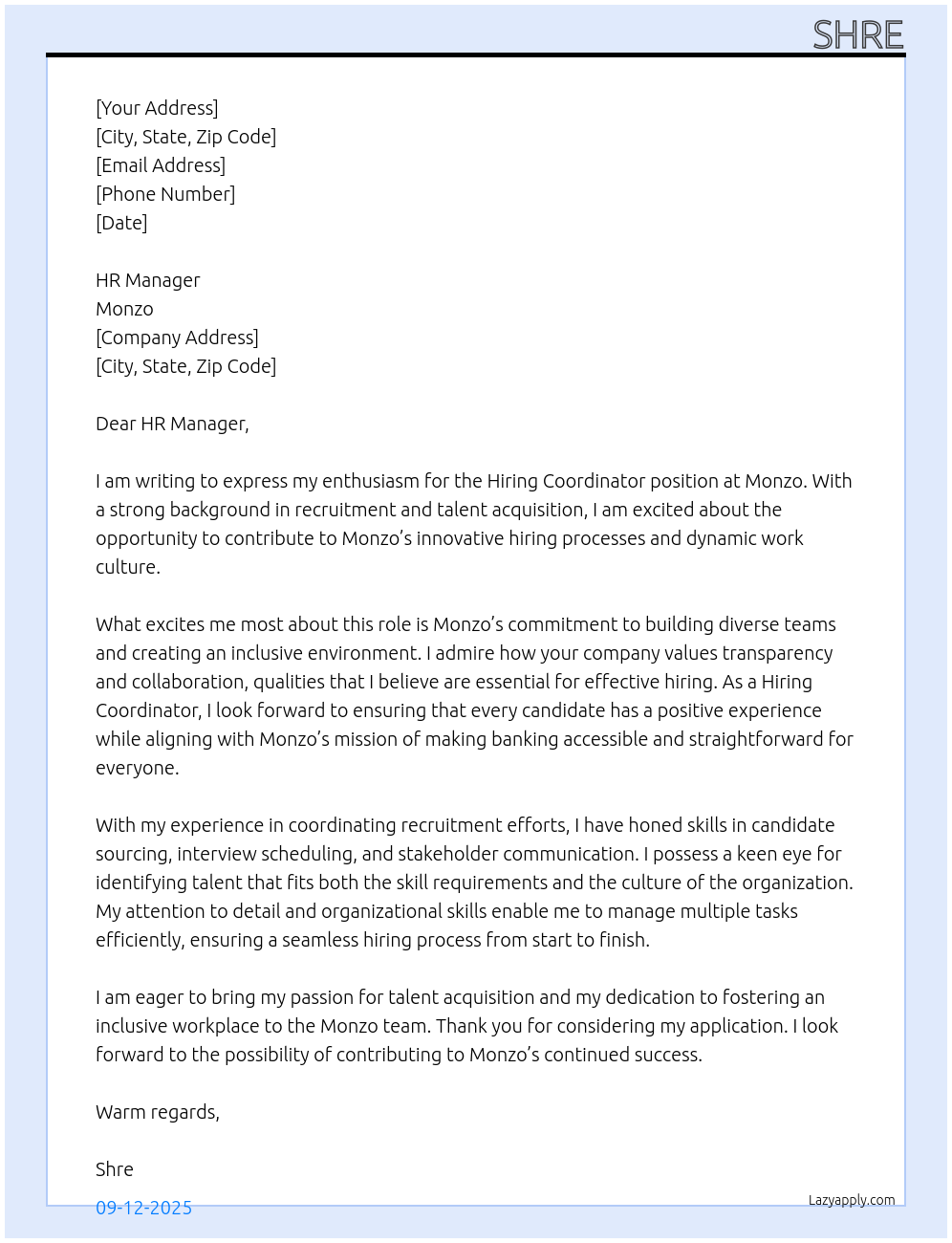 Hiring Coordinator At Monzo Cover Letter