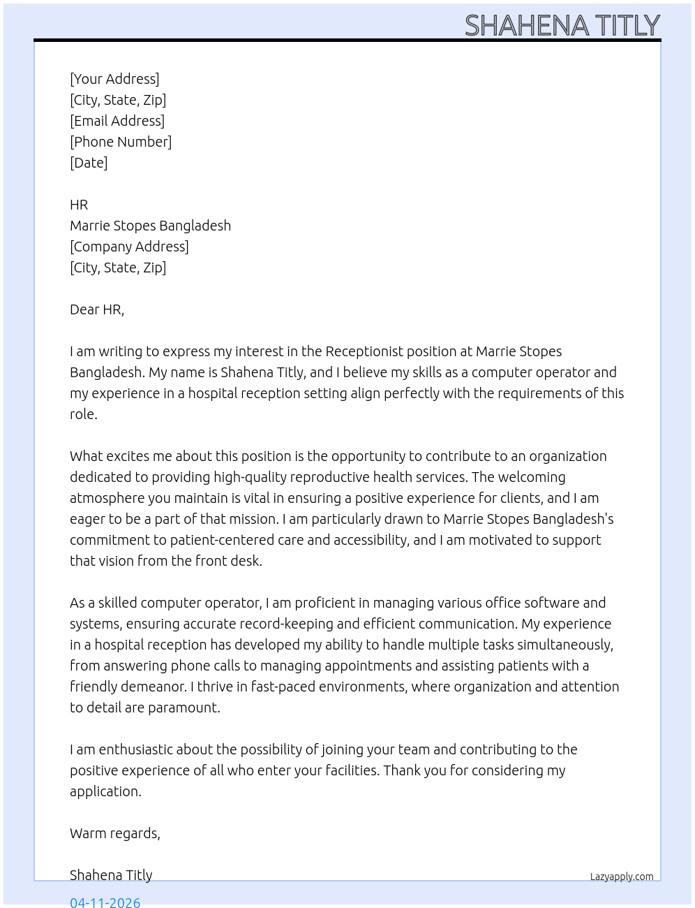 Receptionist  At Marrie Stopes Bangladesh  Cover Letter