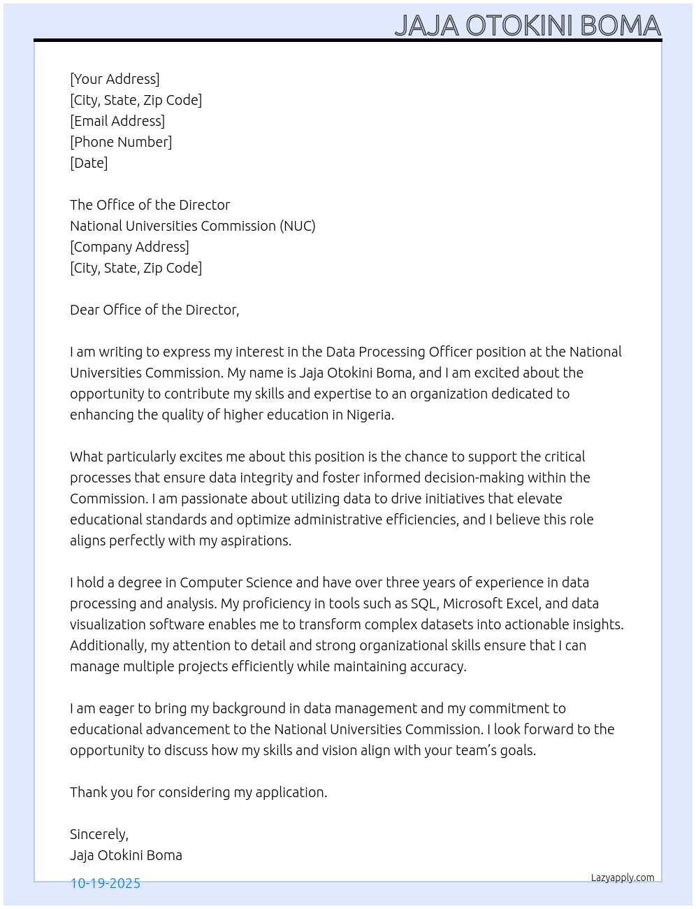 Cover letter for data processing officer - LazyApply