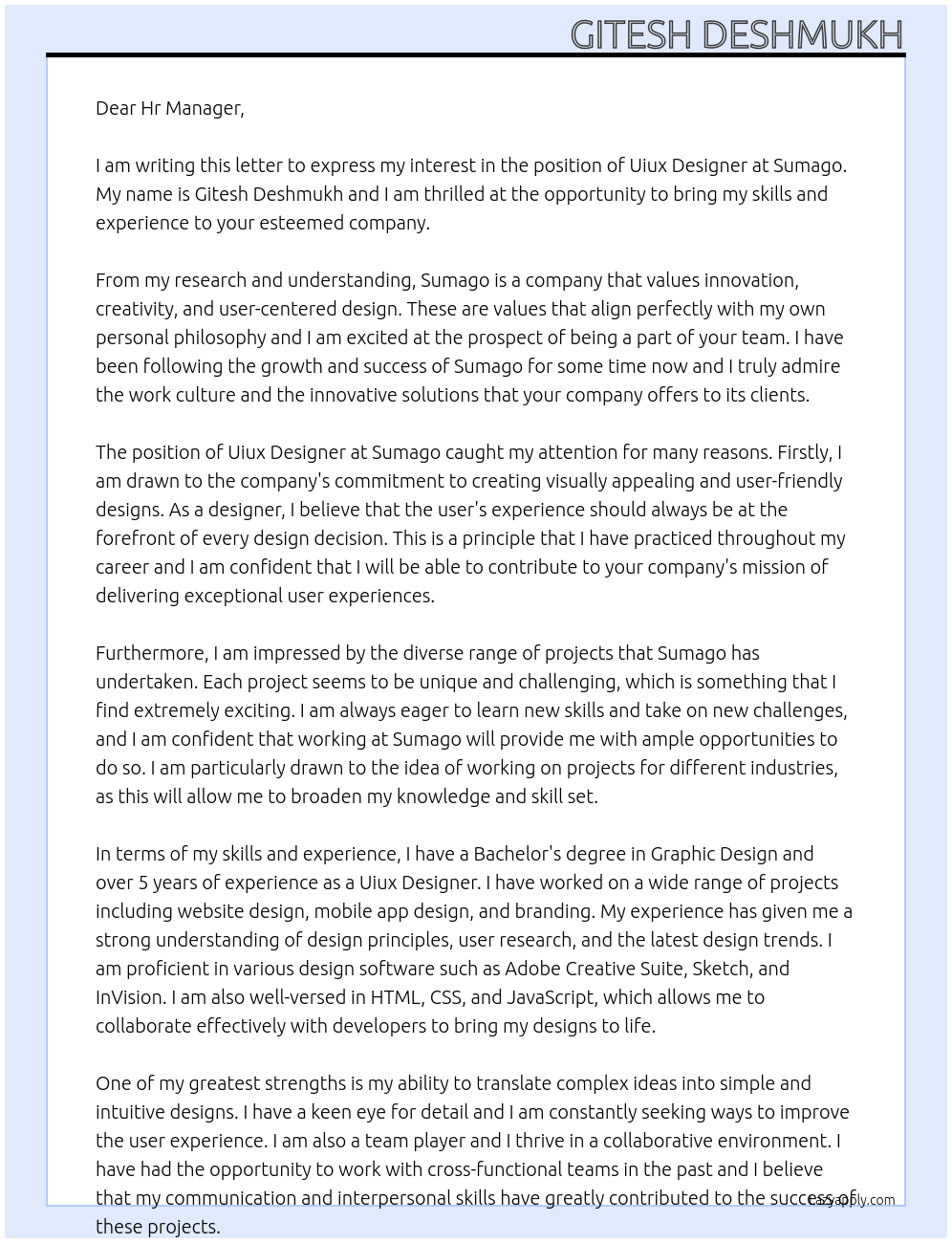 Uiux Designer At Sumago Cover Letter