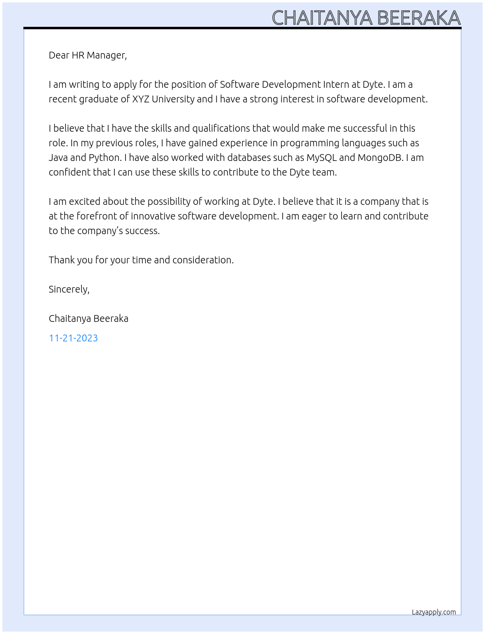 Software development intern At Dyte Cover Letter