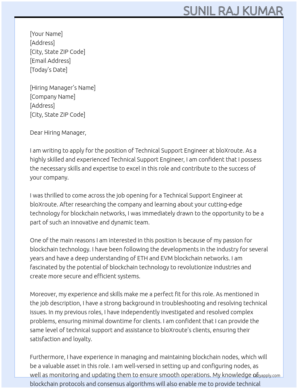 Technical Support Engineer At bloXroute Cover Letter