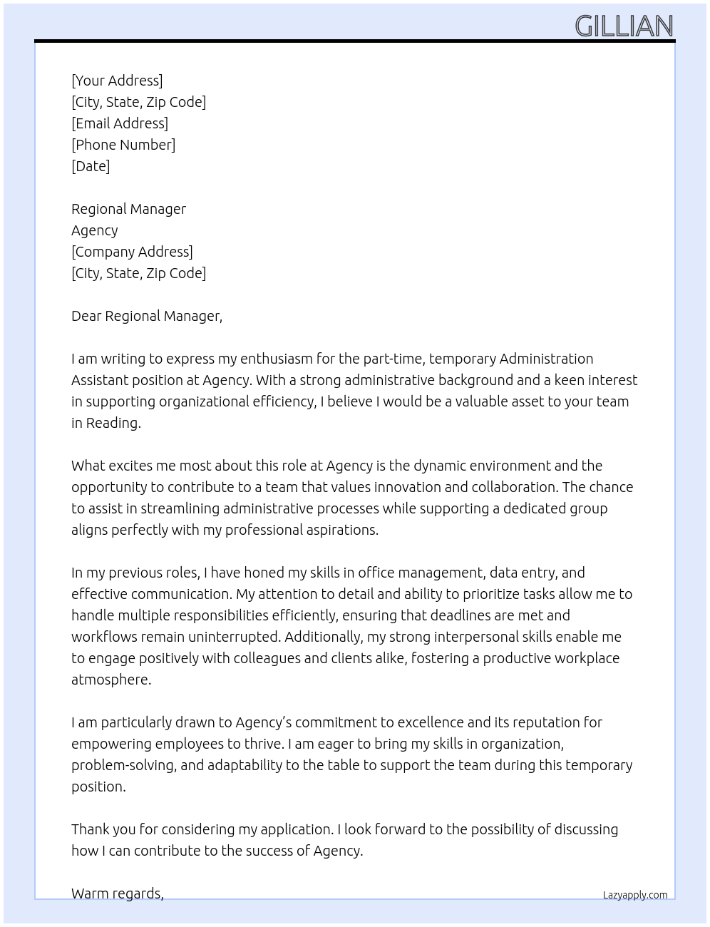 Administration Assistant At Agency Cover Letter