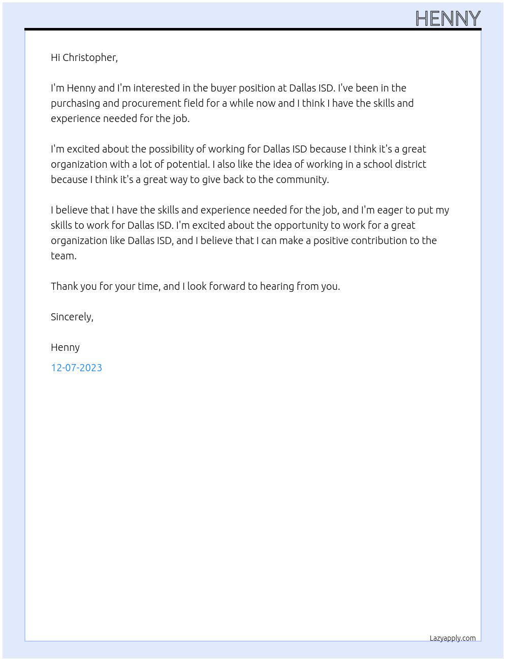 Buyer At Dallas ISD Cover Letter