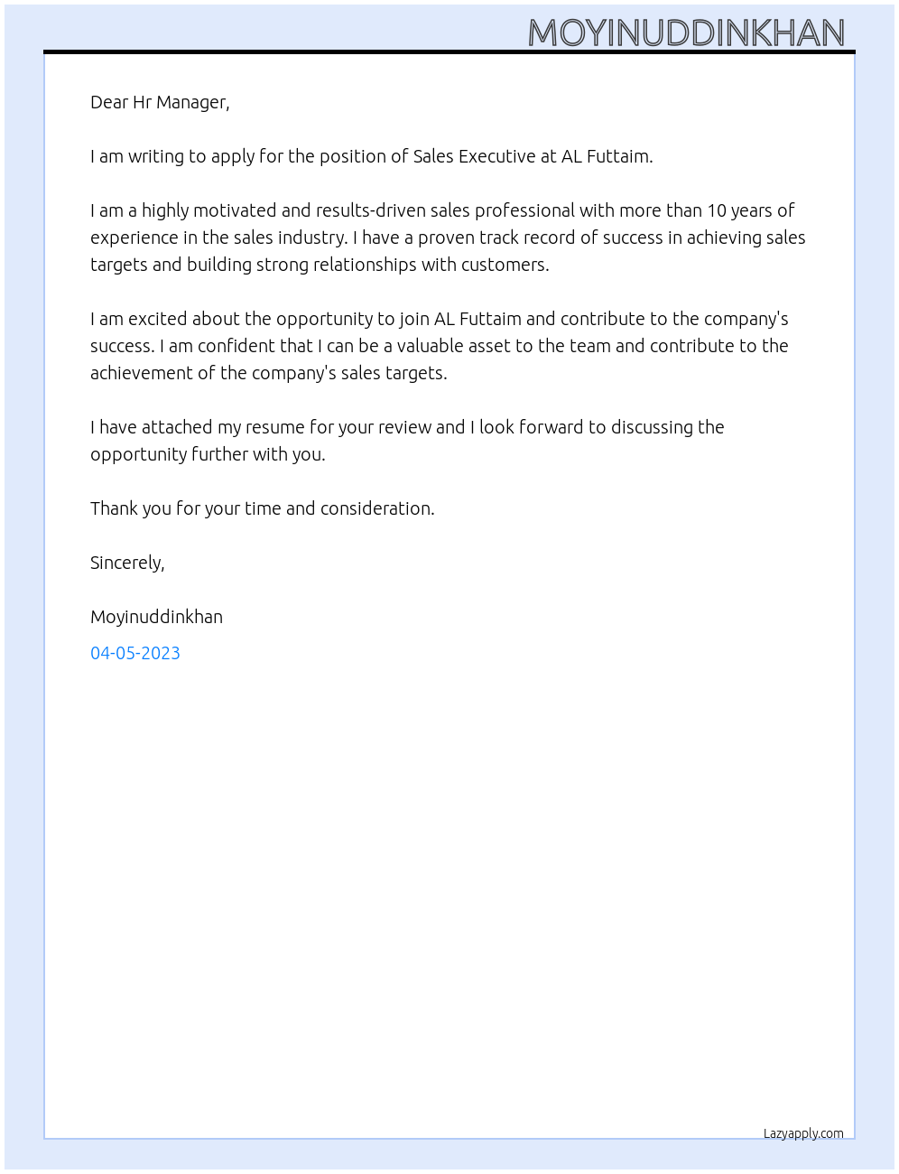 Sale Executive At AL Futtaim Cover Letter