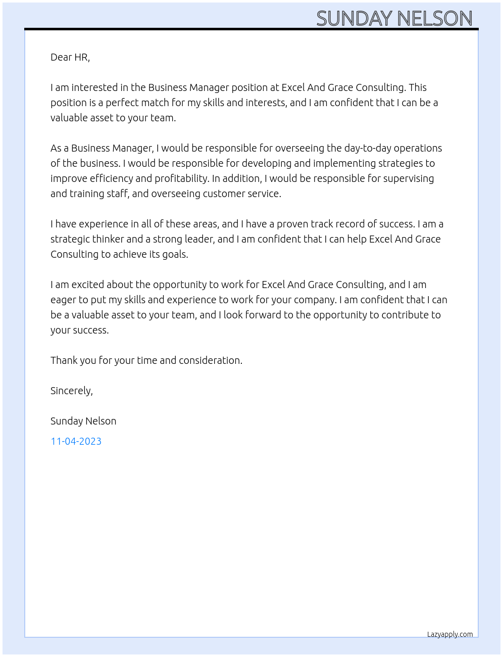 Business manager At Excel And Grace consulting Cover Letter