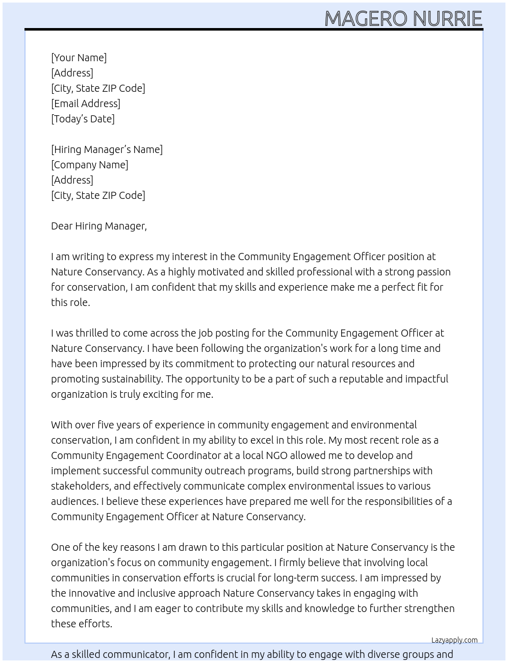 Community Engagement Officer At Nature Conservancy Cover Letter