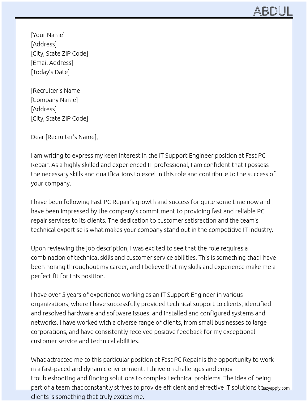 IT Support Engineer At Fast Pc Repair Cover Letter