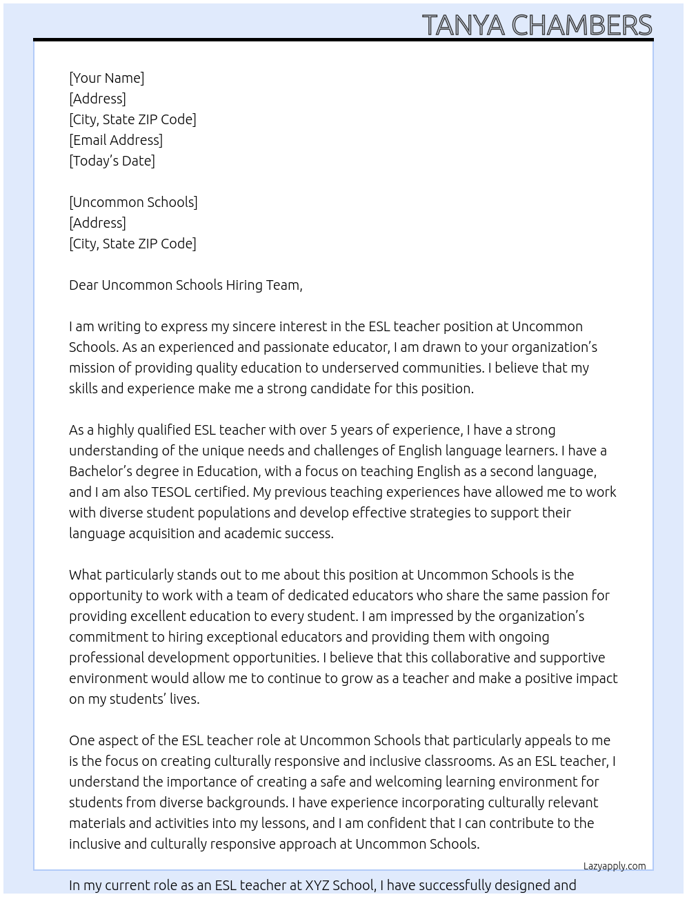 ESL teacher At Uncommon Schools Cover Letter