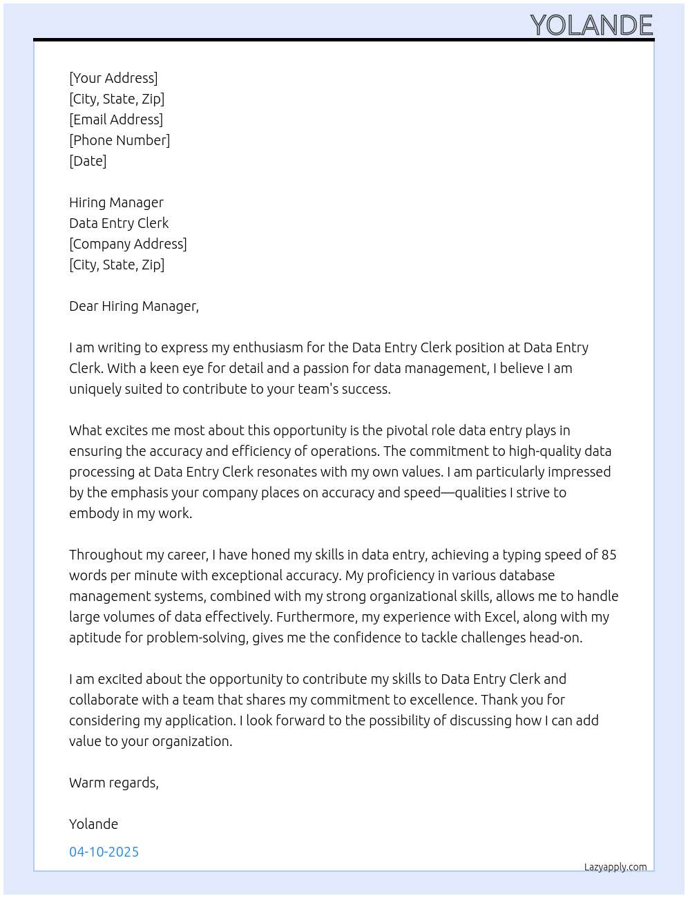 Data Entry Clerk At Data Entry Clerk Cover Letter