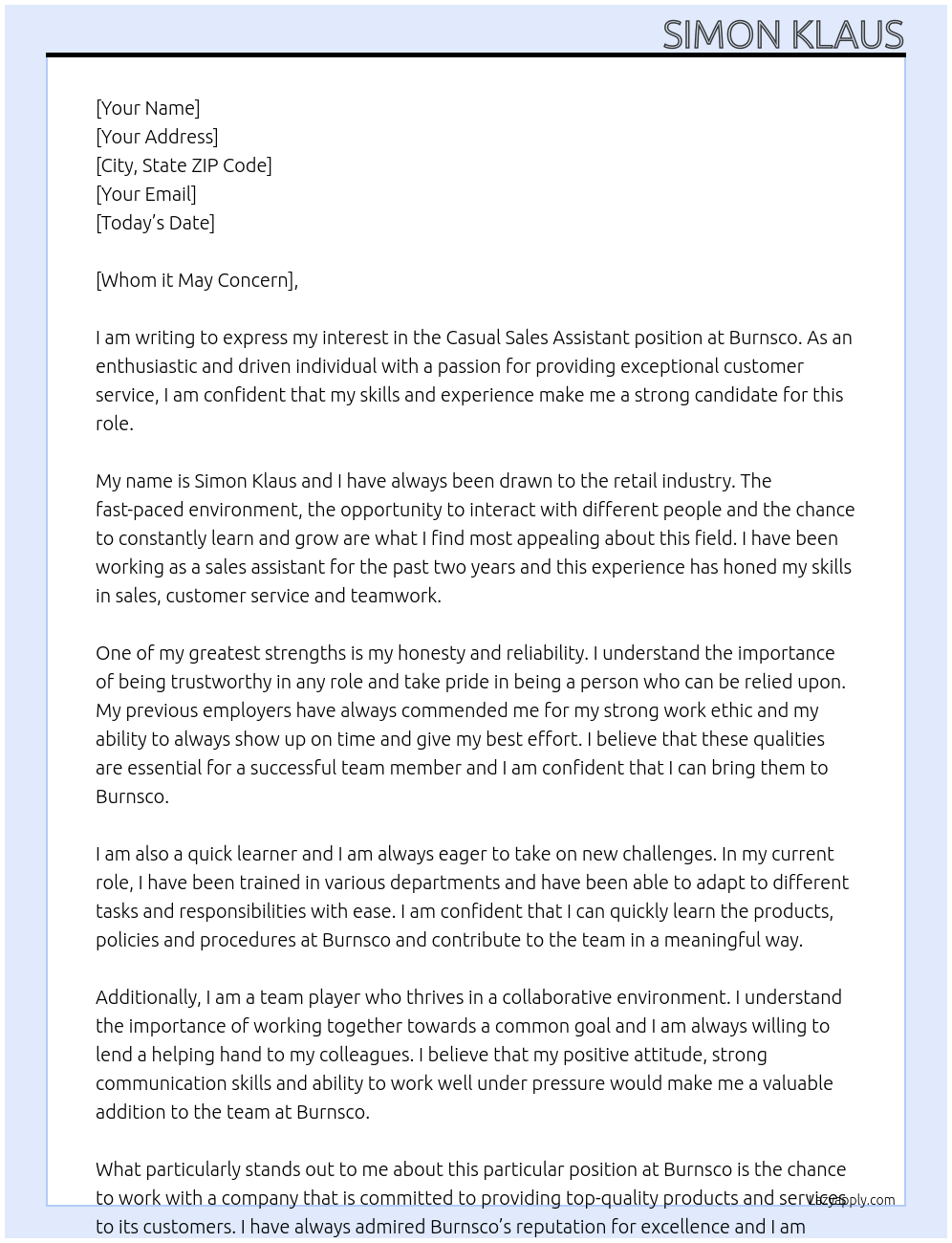 Casual Sales Assistant At Burnsco Cover Letter