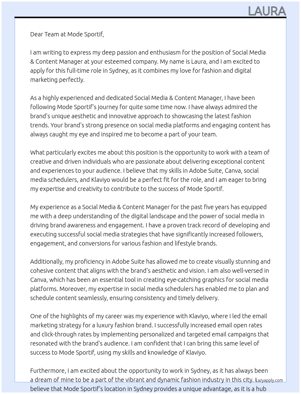 Social Media & Content Manager At Mode Sportif Cover Letter