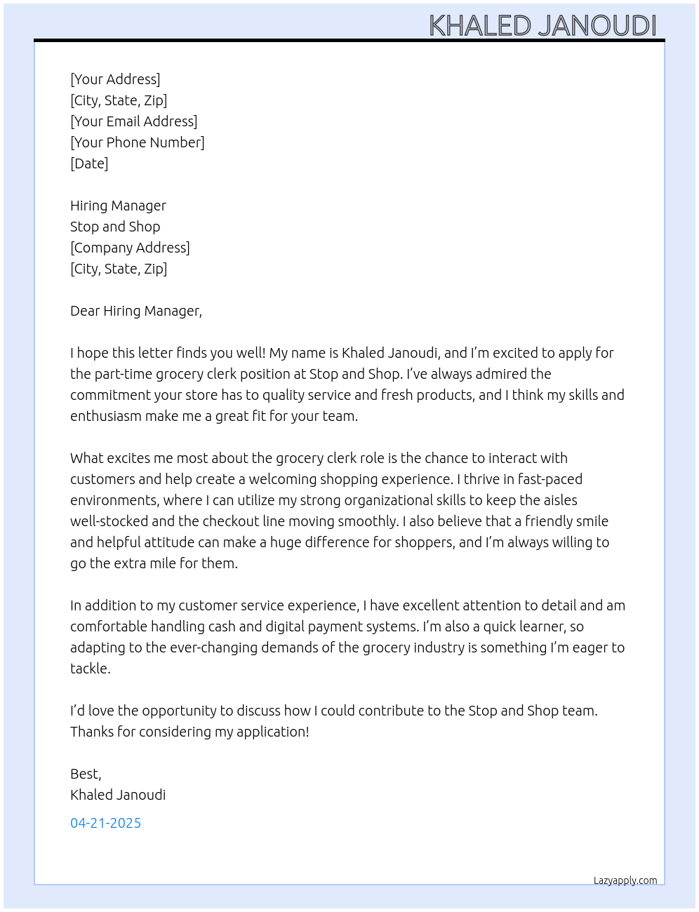 grocery clerk At Stop and shop Cover Letter