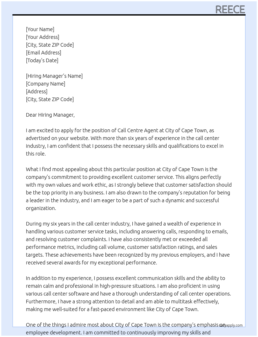 Call Centre Agent At City of Cape Town Cover Letter