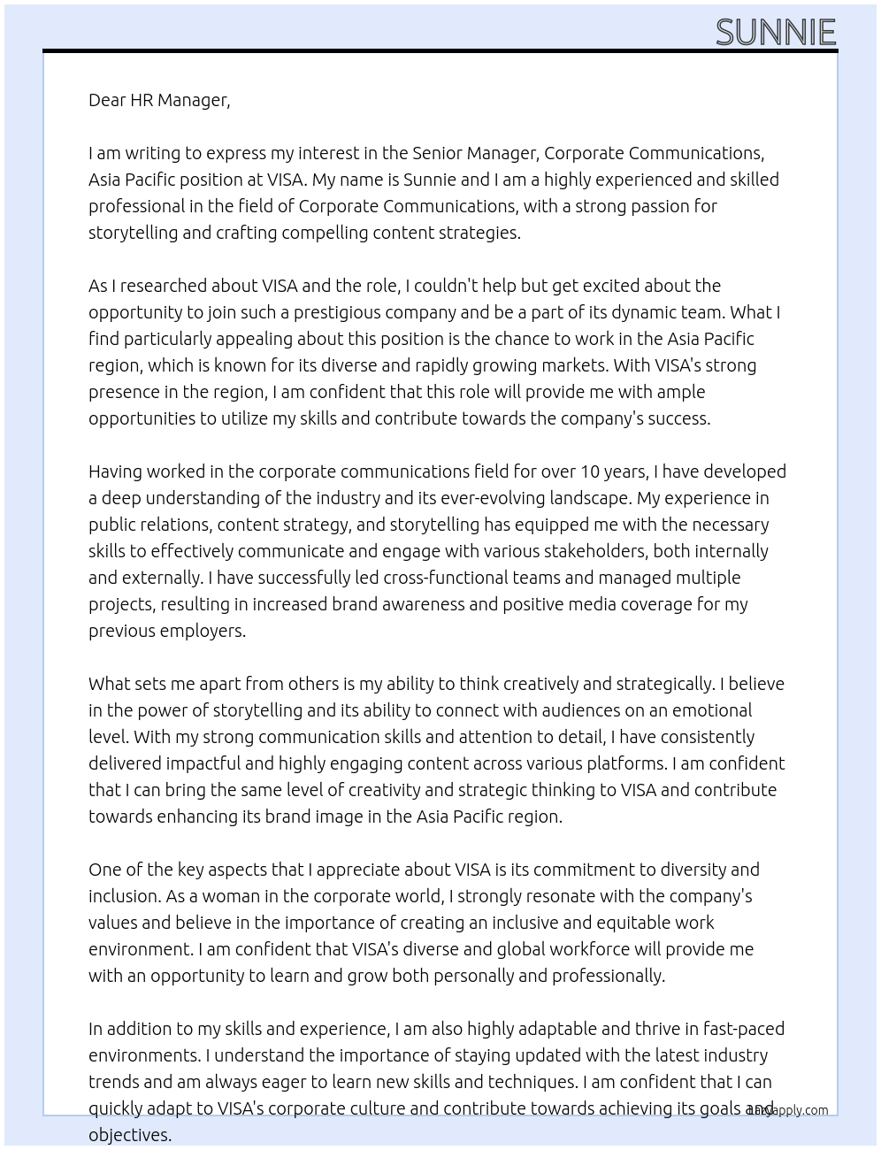 Senior Manager, Corporate Communications, Asia Pacific At VISA Cover Letter