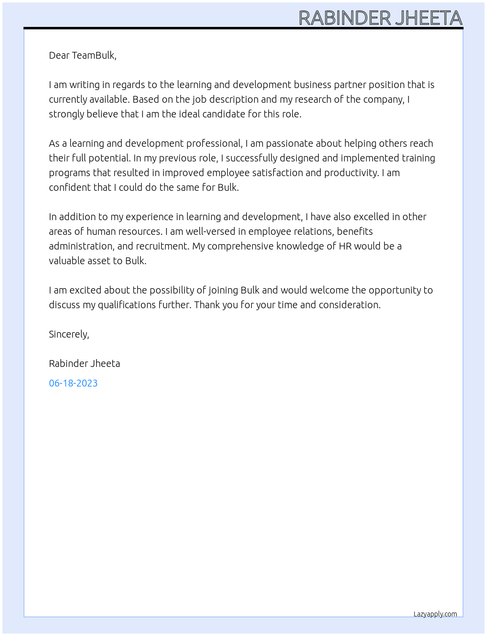 Cover letter for learning and development business partner - LazyApply