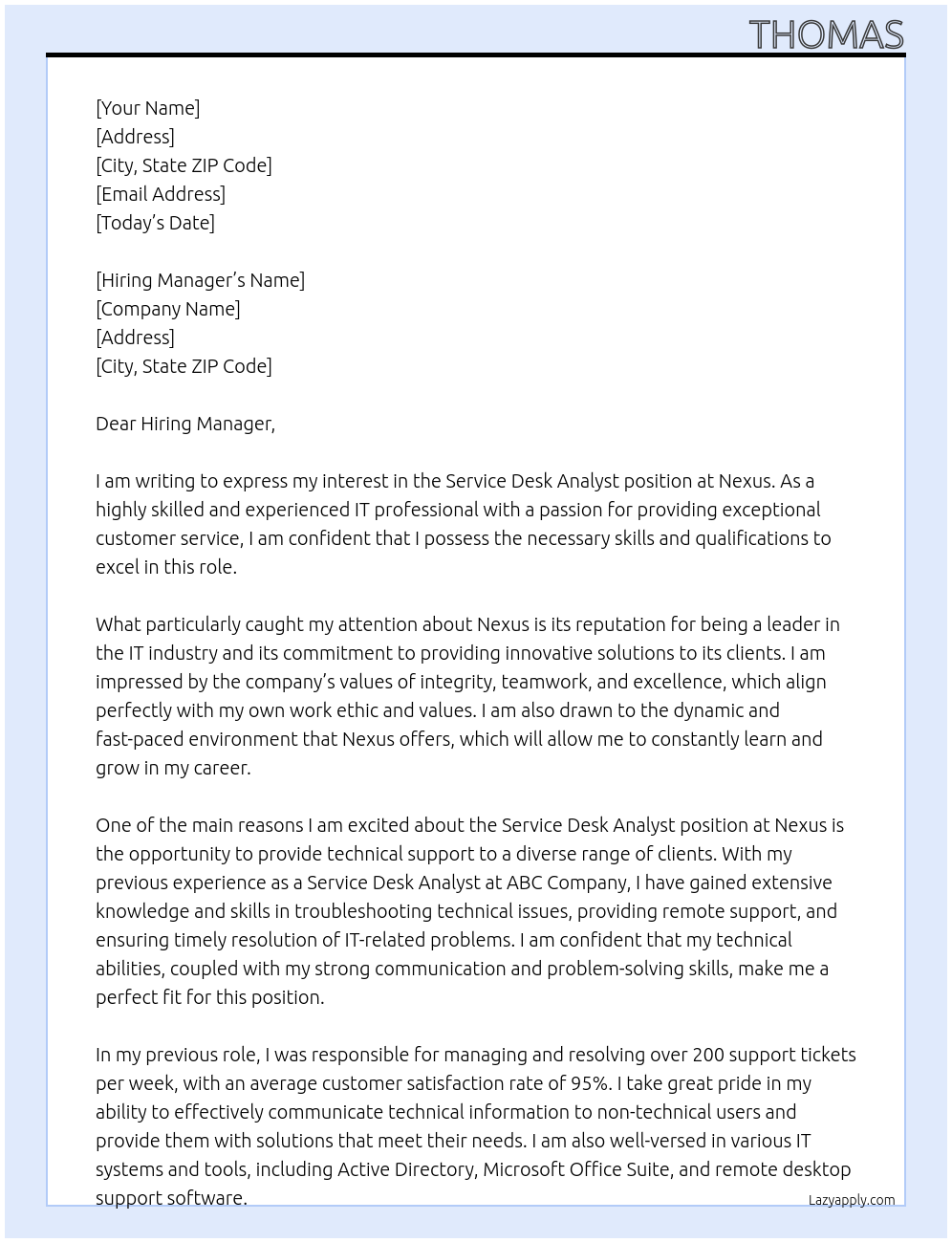 Service Desk Analyst At Nexus Cover Letter