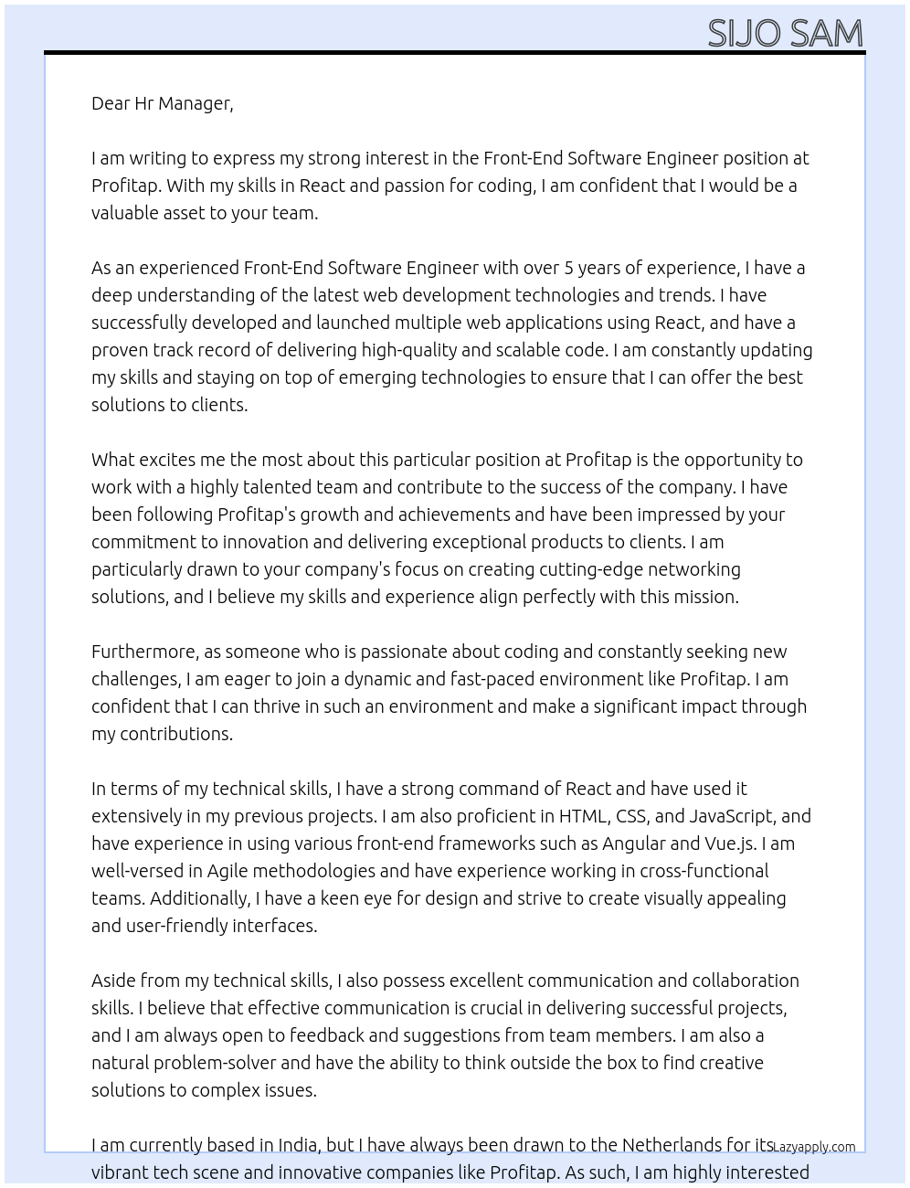 Front-End Software Engineer At Profitap Cover Letter