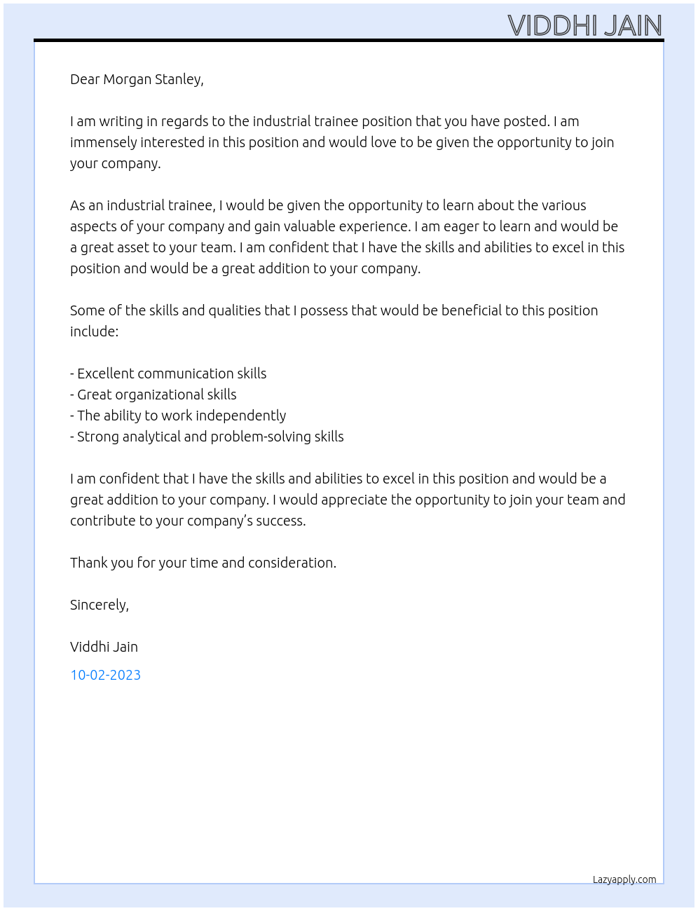 Industrial Trainee At Morgan Stanley Cover Letter