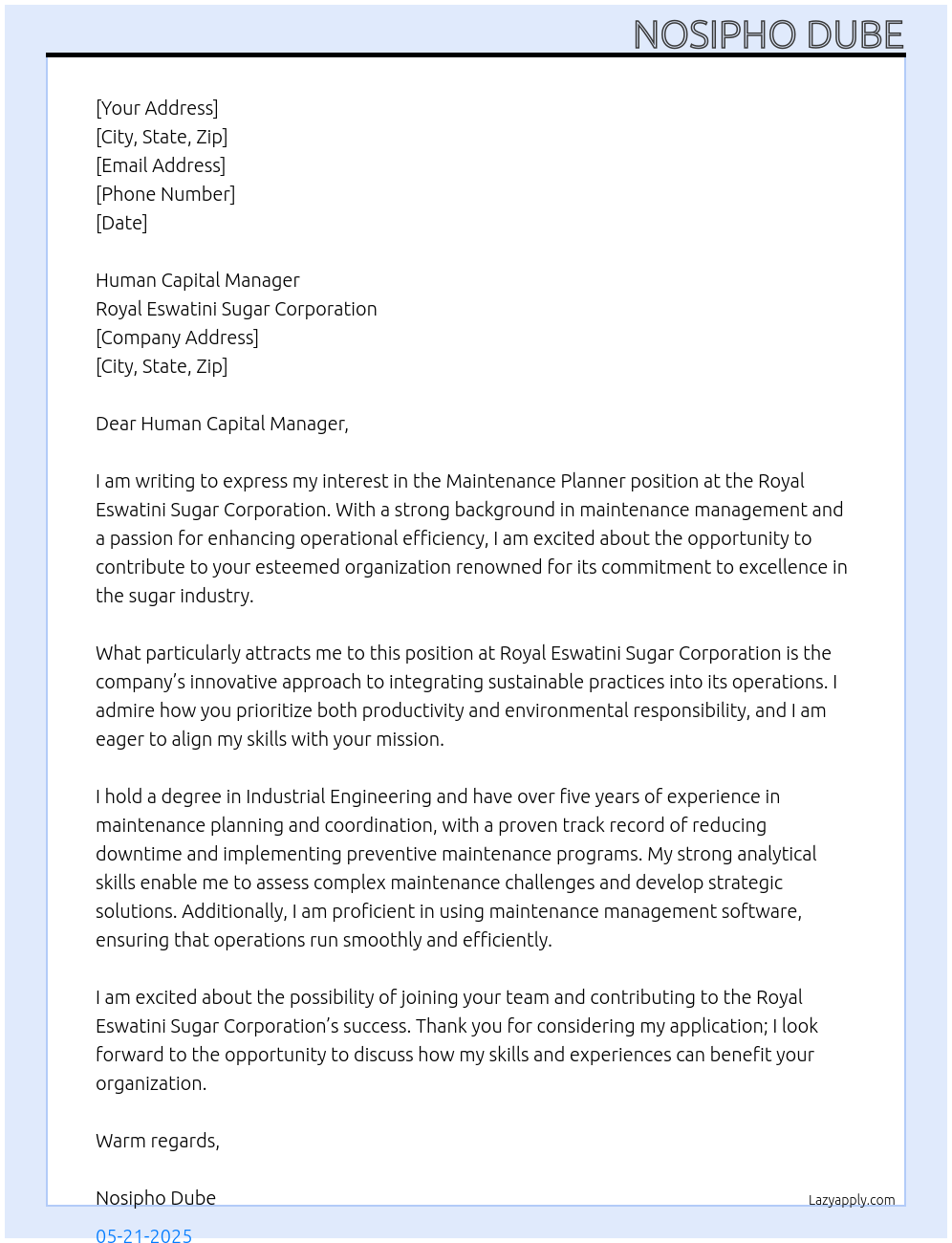 Cover letter for maintenance planner - LazyApply