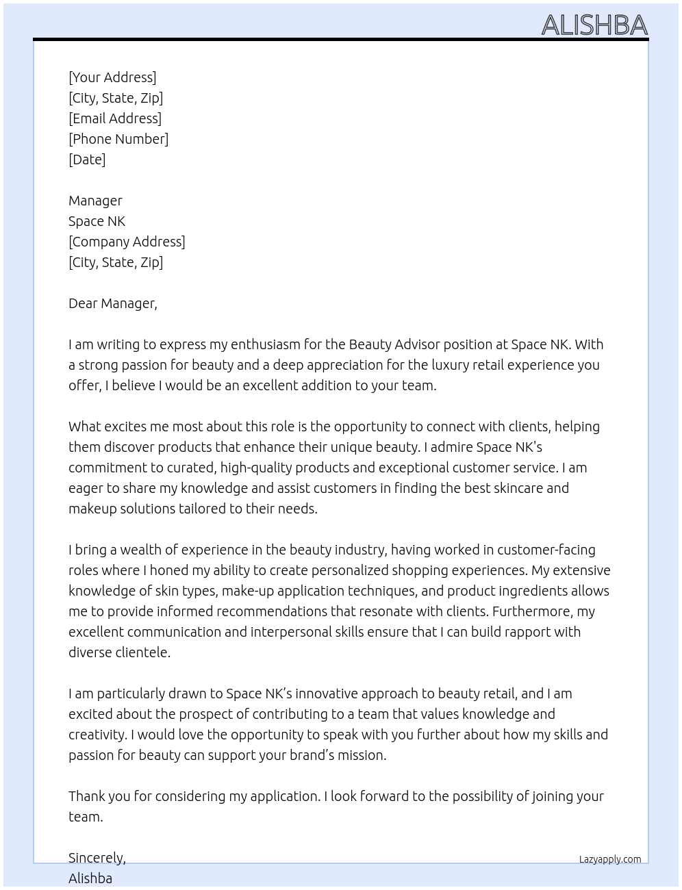 Beauty advisor At Space Nk Cover Letter
