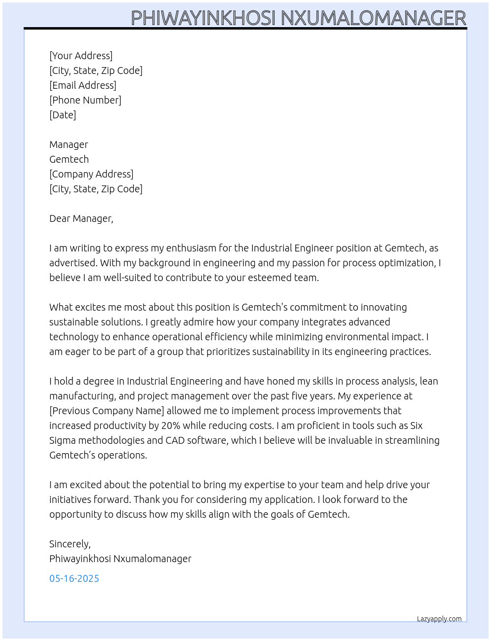 Cover letter for industrial engineer - LazyApply