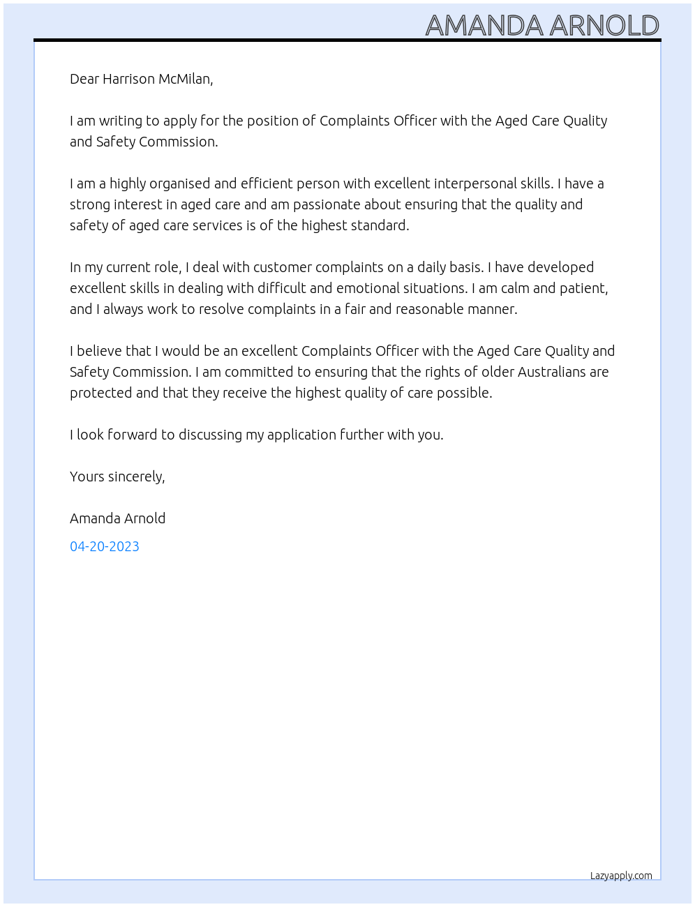 Complaints Officer At Aged Care Quality and Safety Commission Cover Letter