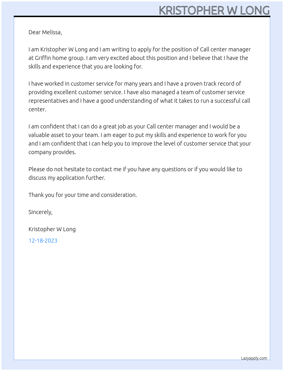 Call center manager At Griffin home group Cover Letter