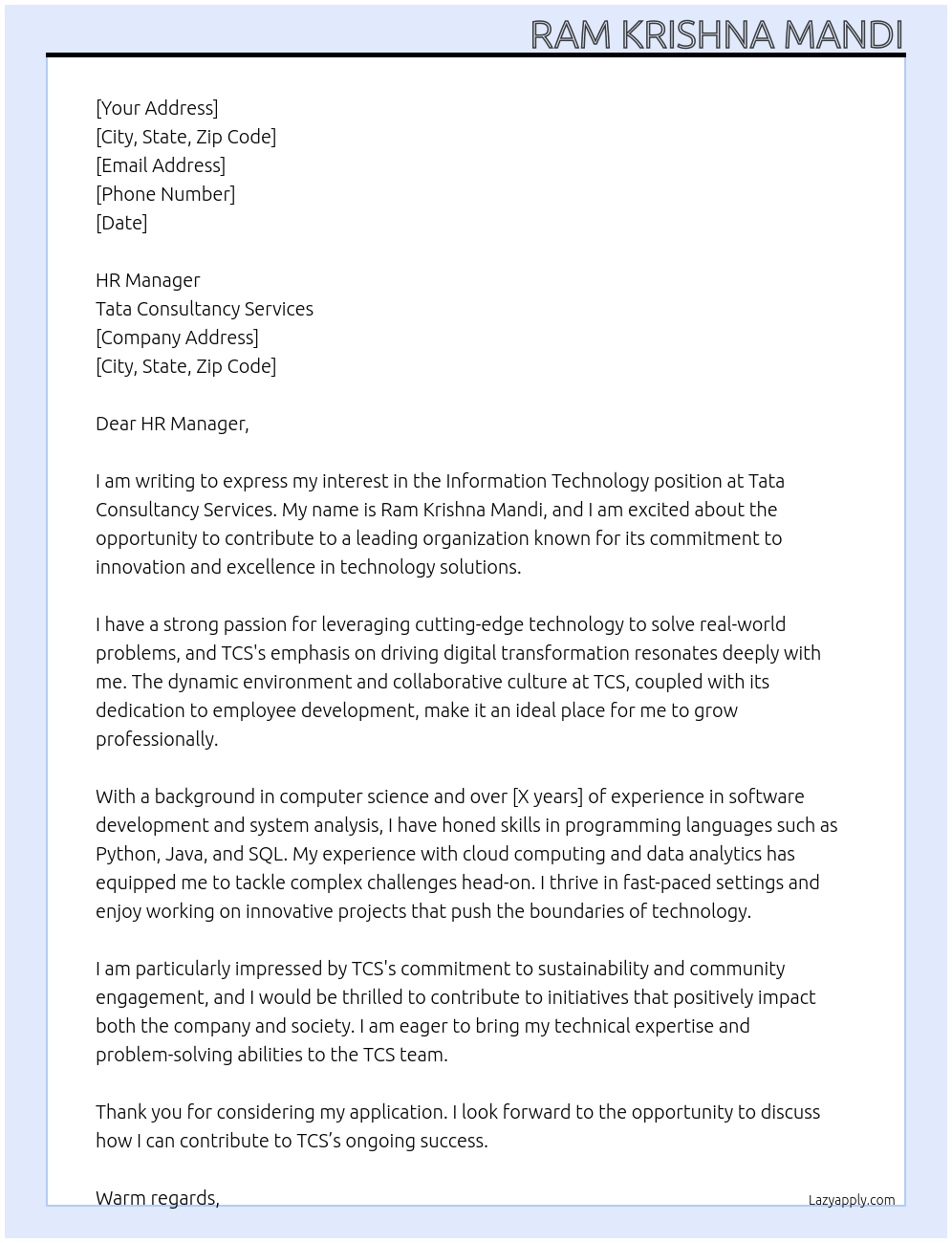 INFORMATION TECHNOLGY At TATA CONSULTANCY SERVICES Cover Letter