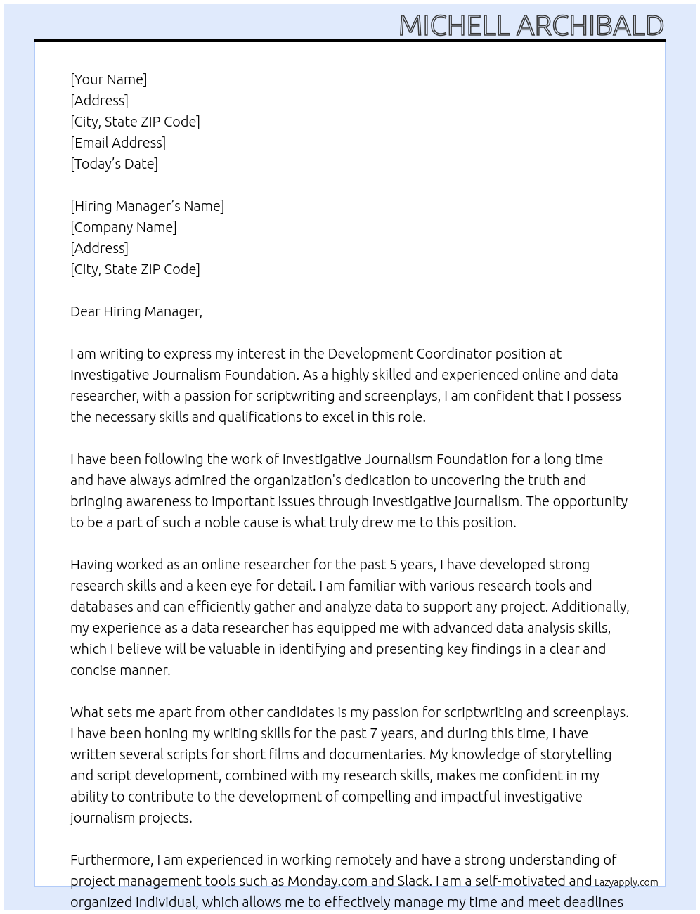 Development Coordinator At Investigative Journalism Foundation Cover Letter