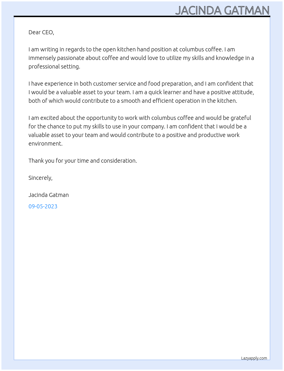 Kitchen Hand At columbus coffee Cover Letter